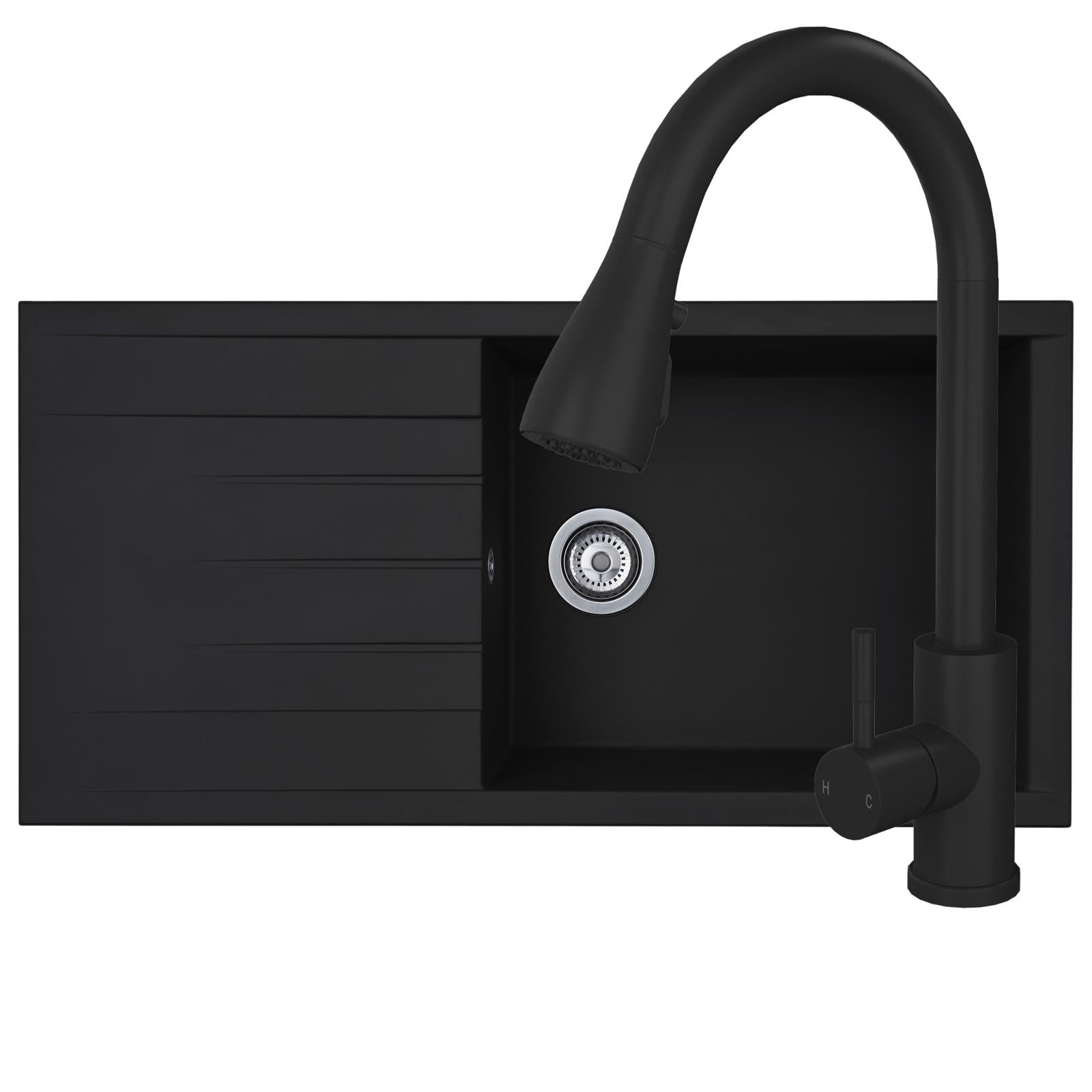 Liquida CU10BL 1.0 Bowl Black Kitchen Sink With KPO11MB Black Pull Out Tap