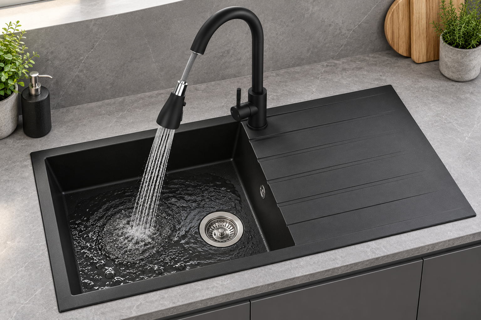 Liquida CU10BL 1.0 Bowl Black Kitchen Sink With KPO11MB Black Pull Out Tap