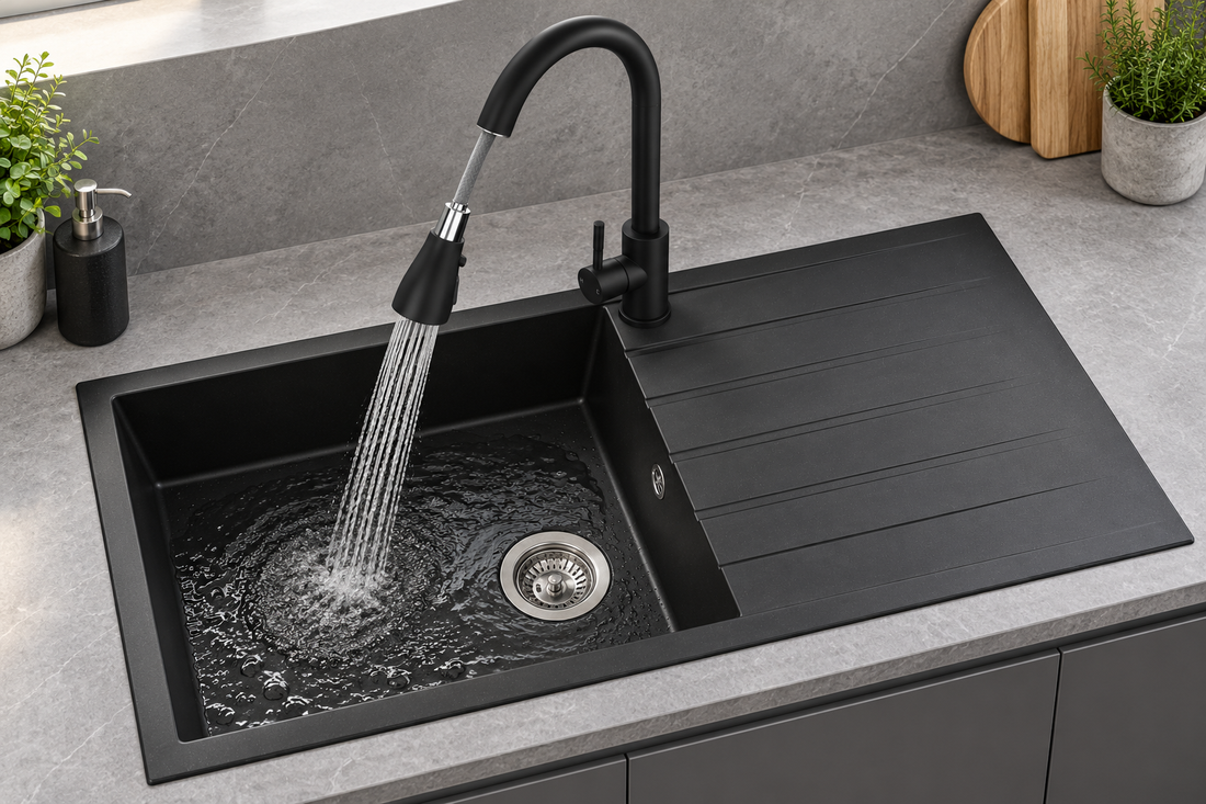Liquida CU10BL 1.0 Bowl Black Kitchen Sink With KPO11MB Black Pull Out Tap