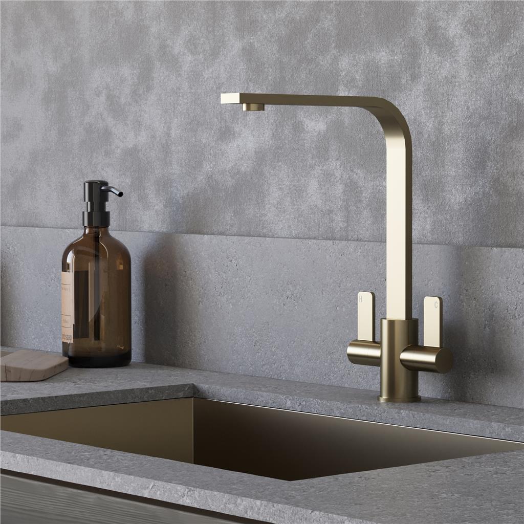 Liquida EB400BS Flat Style Modern Dual Lever Brushed Steel Kitchen Tap - GRADED