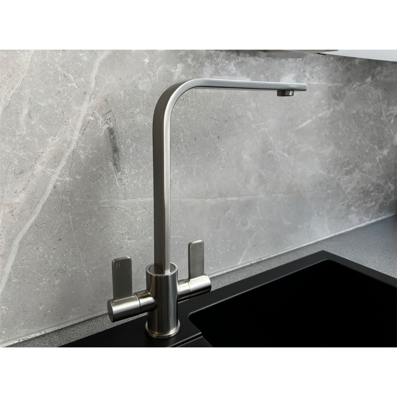 Liquida EB400BS Flat Style Modern Dual Lever Brushed Steel Kitchen Tap - GRADED