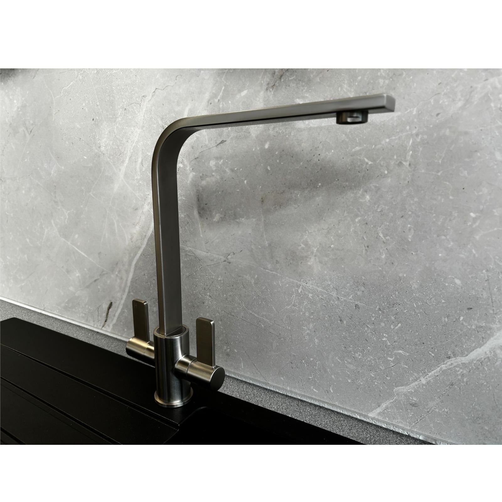 Liquida EB400BS Flat Style Modern Dual Lever Brushed Steel Kitchen Tap - GRADED