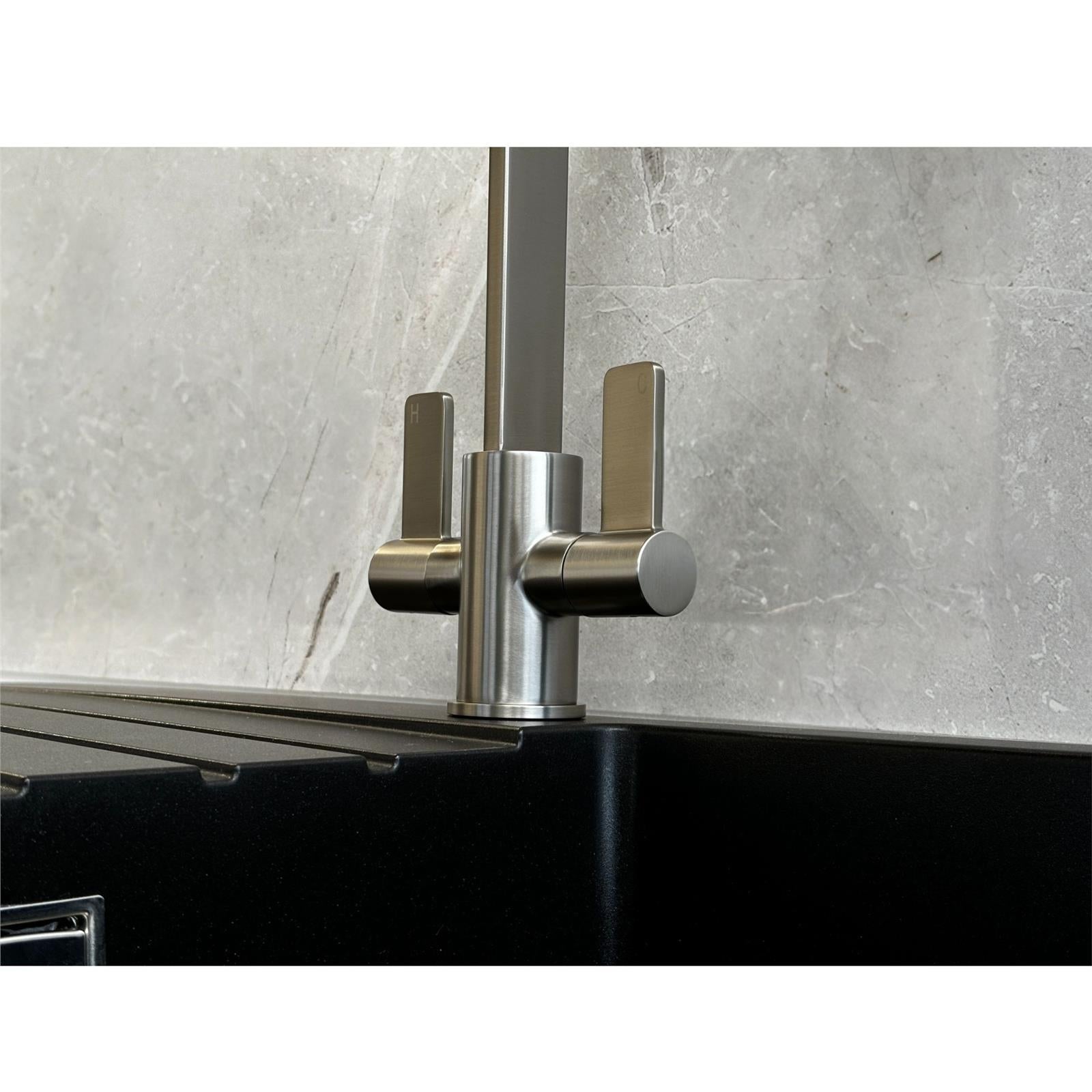 Liquida EB400BS Flat Style Modern Dual Lever Brushed Steel Kitchen Tap - GRADED