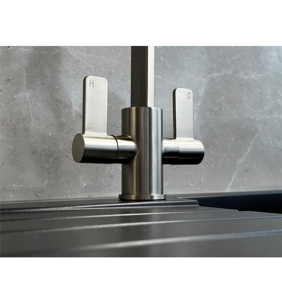 Liquida EB400BS Flat Style Modern Dual Lever Brushed Steel Kitchen Tap - GRADED