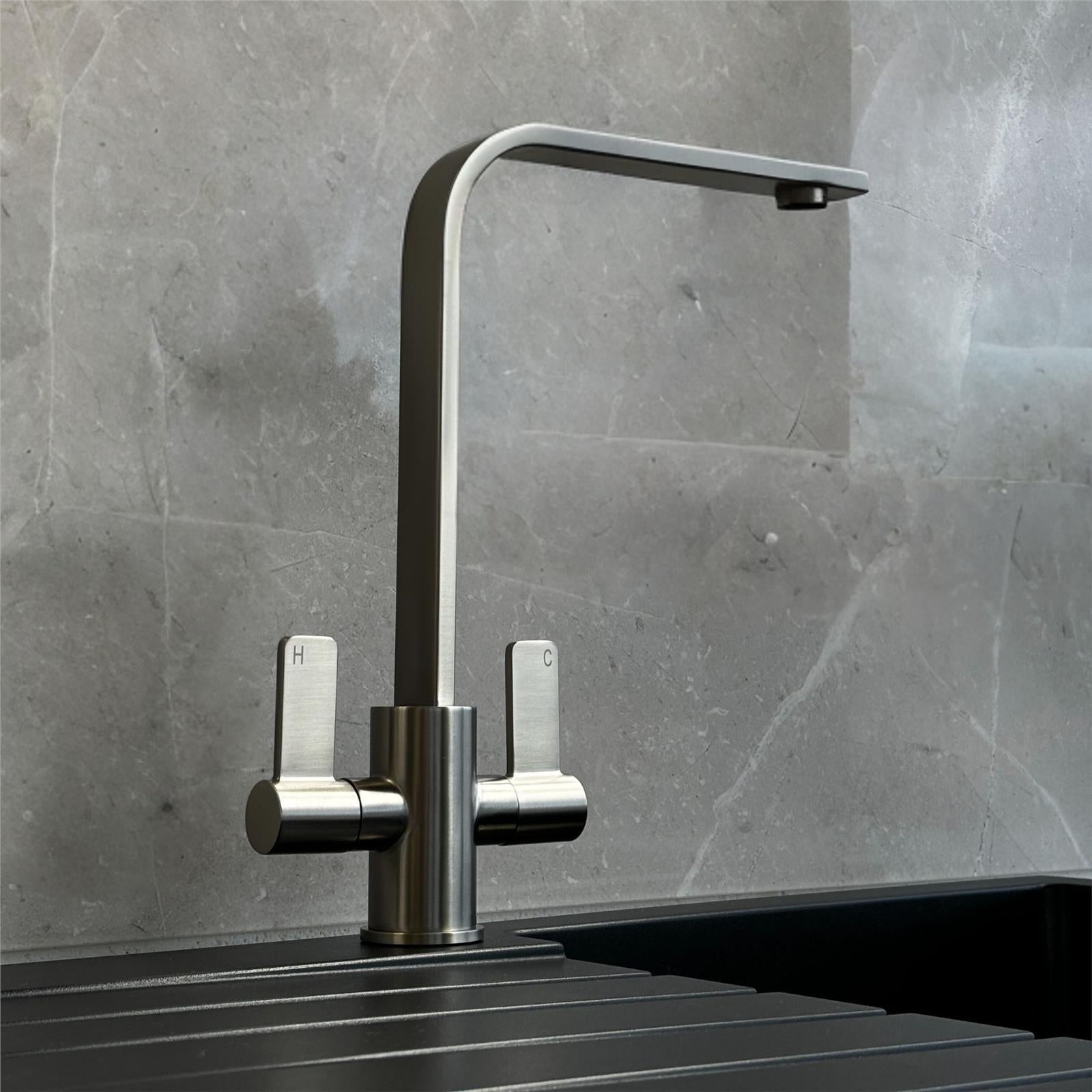 Liquida EB400BS Flat Style Modern Dual Lever Brushed Steel Kitchen Tap - GRADED