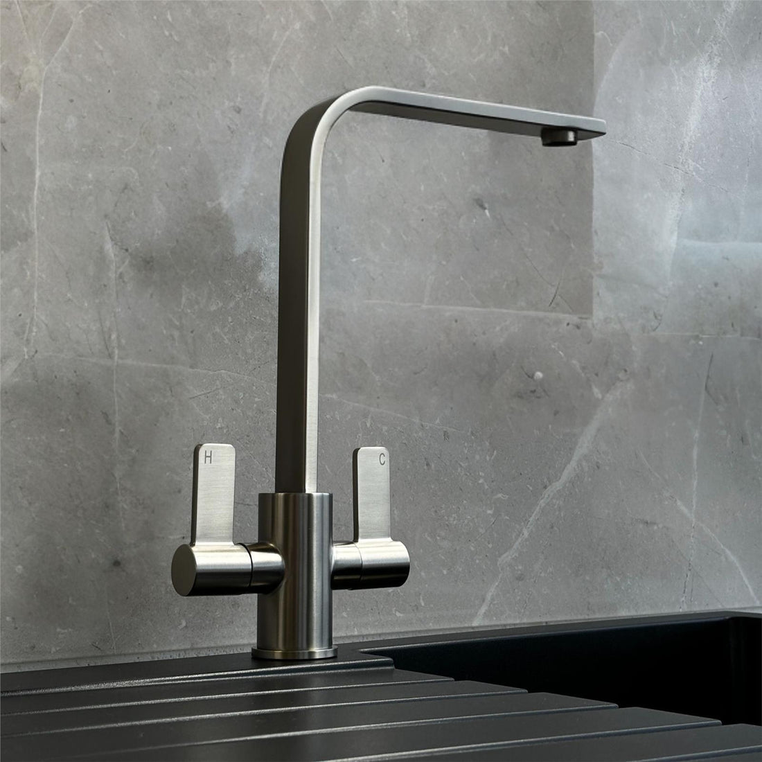 Liquida EB400BS Flat Style Modern Dual Lever Brushed Steel Kitchen Tap - GRADED