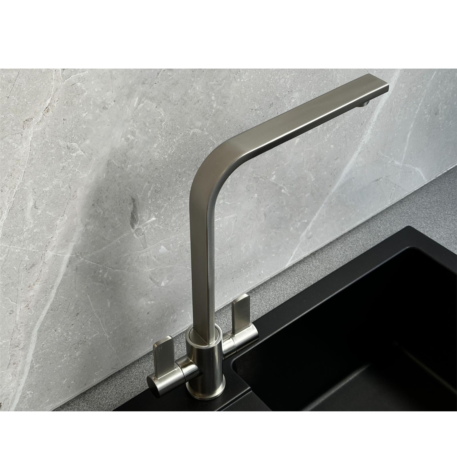 Liquida EB400BS Flat Style Modern Dual Lever Brushed Steel Kitchen Mixer Tap