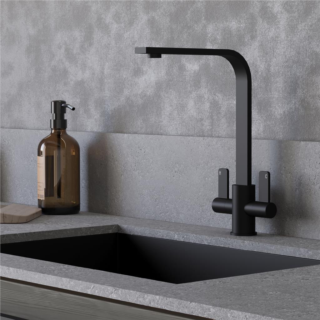 Liquida EB403MB Flat Style Modern Dual Lever Matt Black Kitchen Tap - GRADED