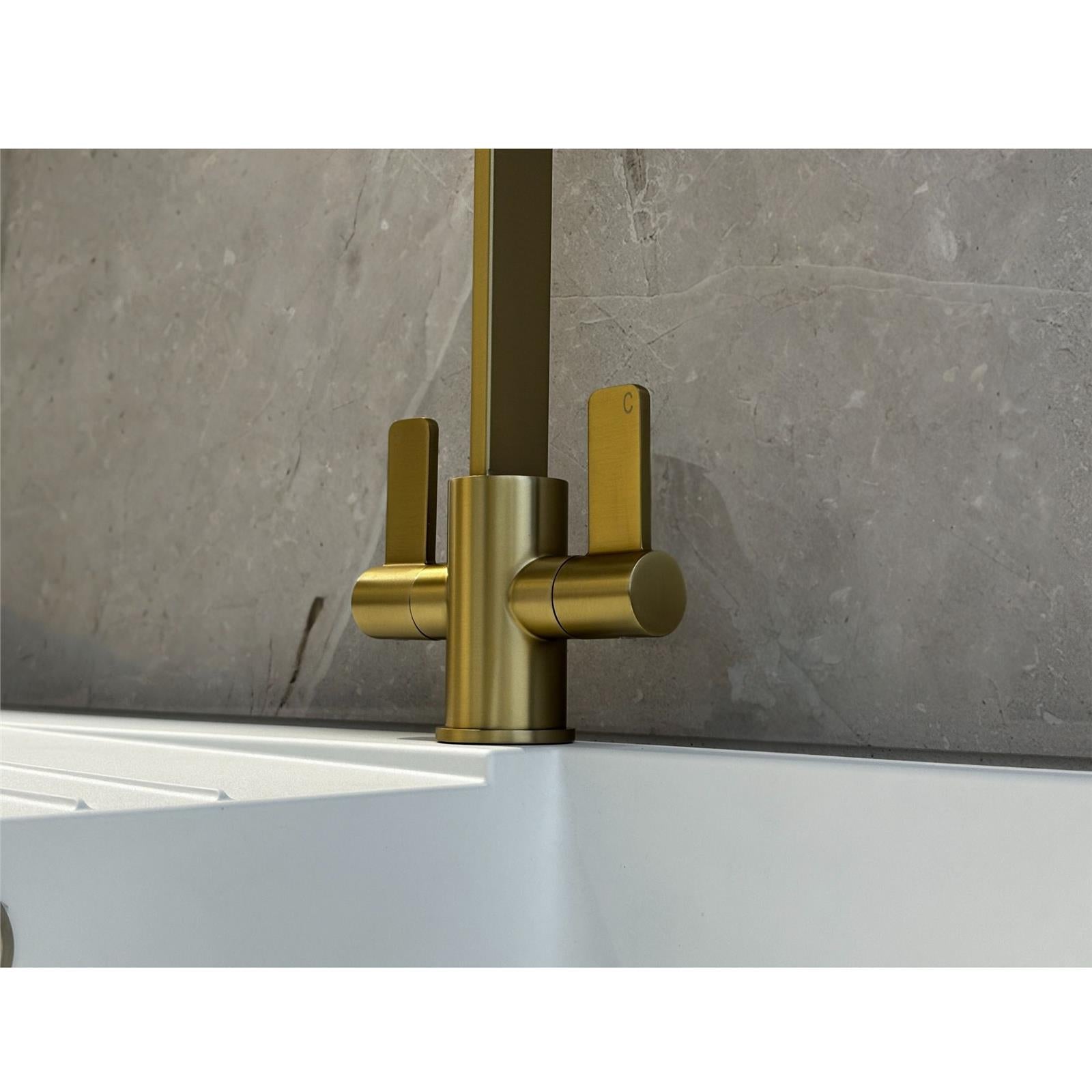 Liquida EB404BR Flat Style Modern Dual Lever Brushed Brass Kitchen Mixer Tap