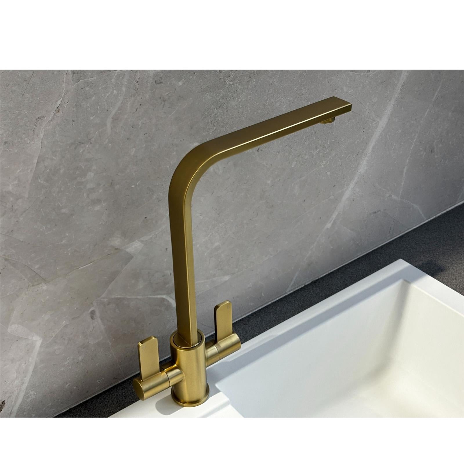 Liquida EB404BR Flat Style Modern Dual Lever Brushed Brass Kitchen Mixer Tap