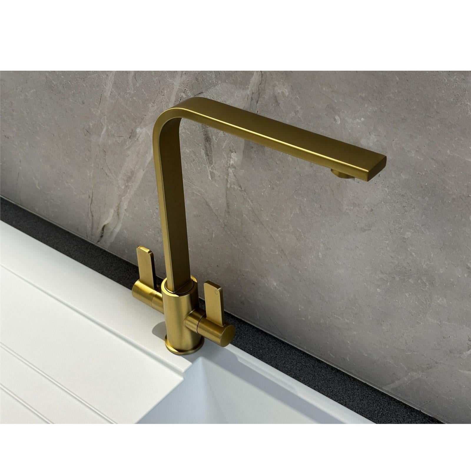 Liquida EB404BR Flat Style Modern Dual Lever Brushed Brass Kitchen Mixer Tap
