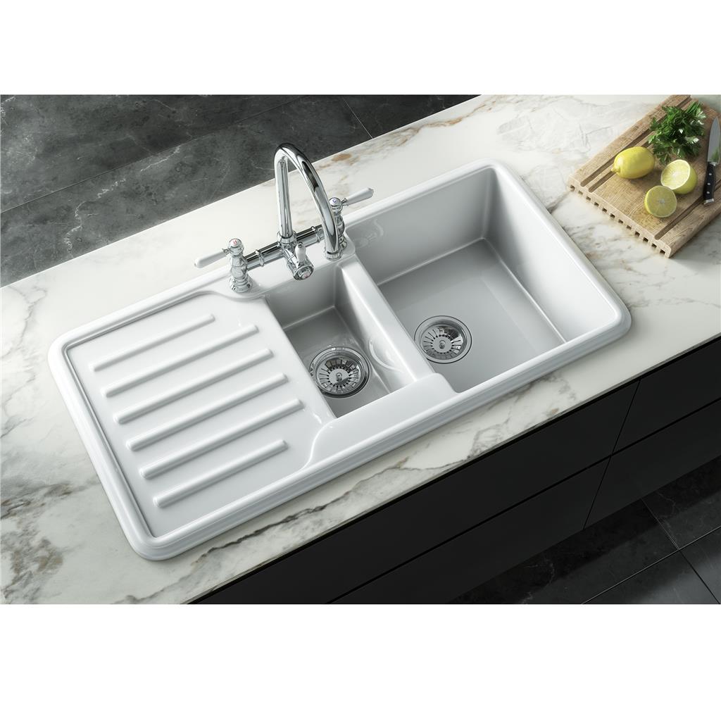 Liquida ELGS15WH 1.5 Bowl Comite Reversible Inset Gloss White Kitchen Sink