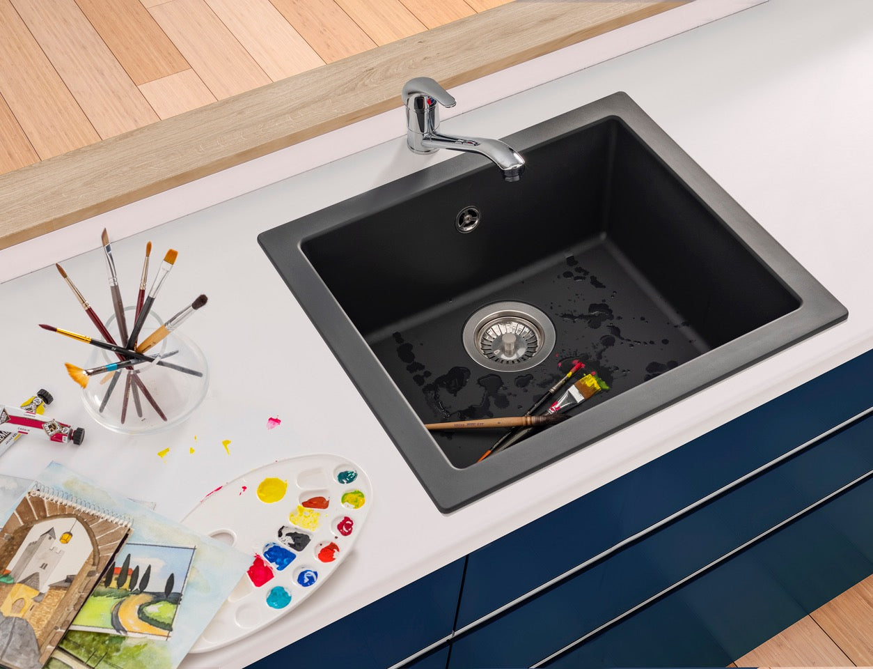 Liquida EN01BL 1.0 Bowl Black Kitchen Sink Inset / Undermount 500 x 440mm