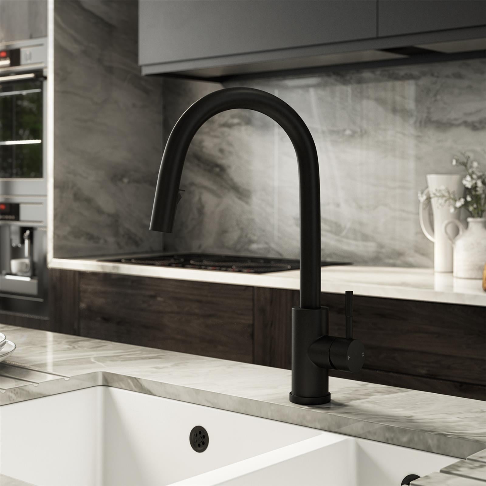 Liquida black 1.0 bowl kitchen sink with reversible drainer and pull out spray tap full tap view