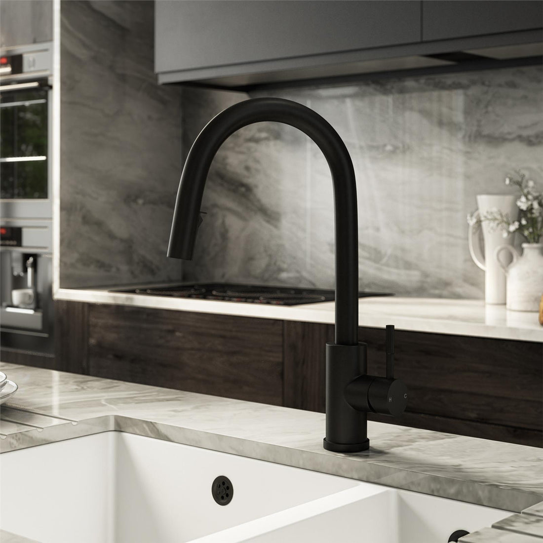 Liquida black 1.0 bowl kitchen sink with reversible drainer and pull out spray tap full tap view