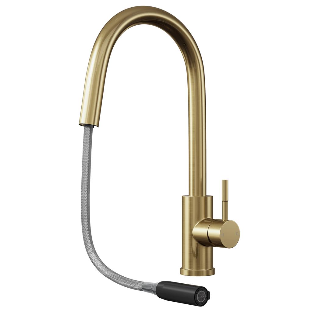 Liquida EPO11BR Brushed Brass Swan Neck Pull - Out Kitchen Tap - GRADED