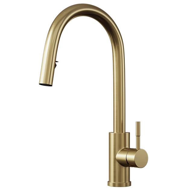 Liquida EPO11BR Brushed Brass Swan Neck Pull - Out Kitchen Tap - GRADED