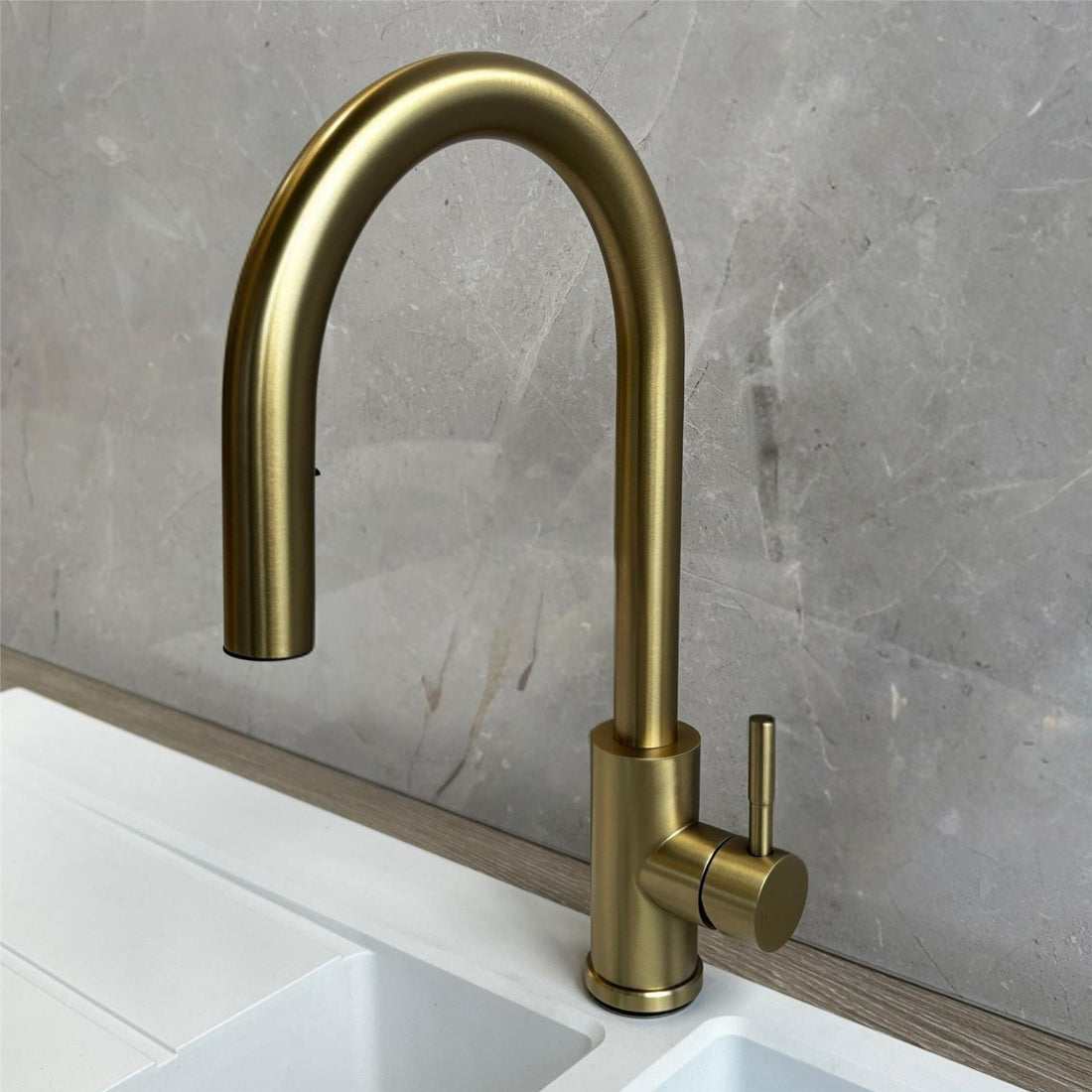 Liquida EPO11BR Brushed Brass Swan Neck Pull - Out Kitchen Tap - GRADED