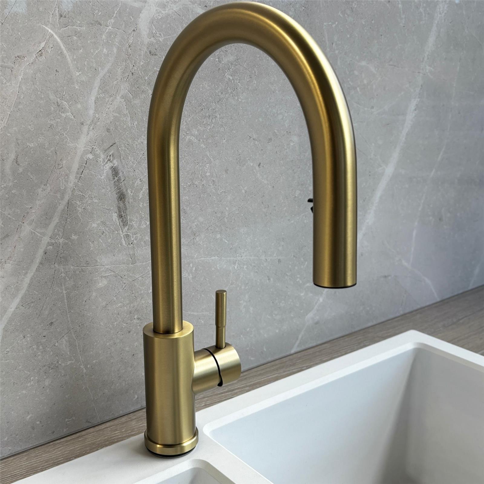 Liquida EPO11BR Brushed Brass Swan Neck Pull - Out Kitchen Tap - GRADED