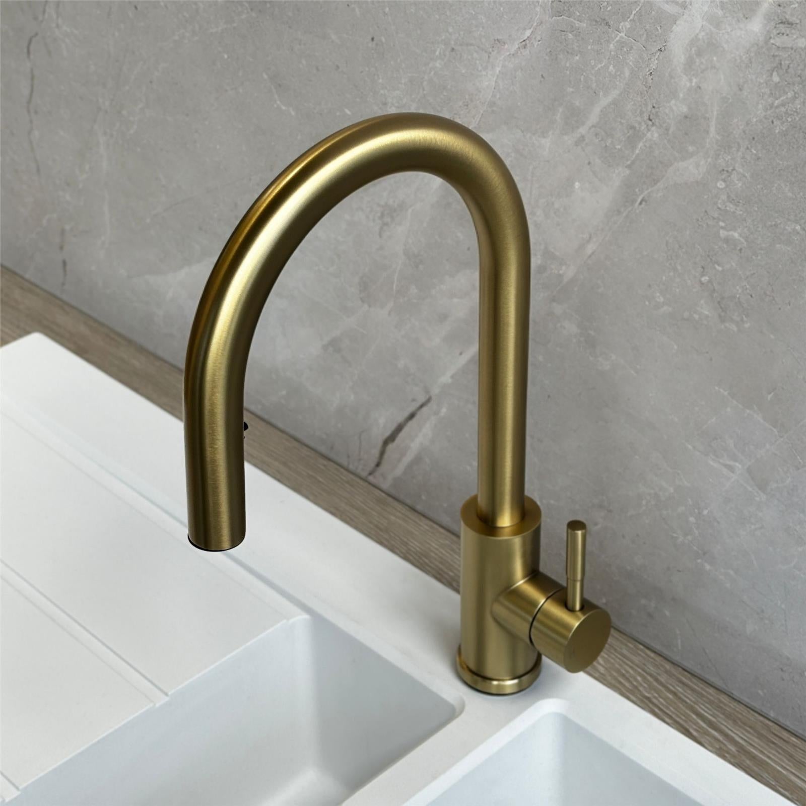 Liquida EPO11BR Brushed Brass Swan Neck Pull - Out Kitchen Tap - GRADED
