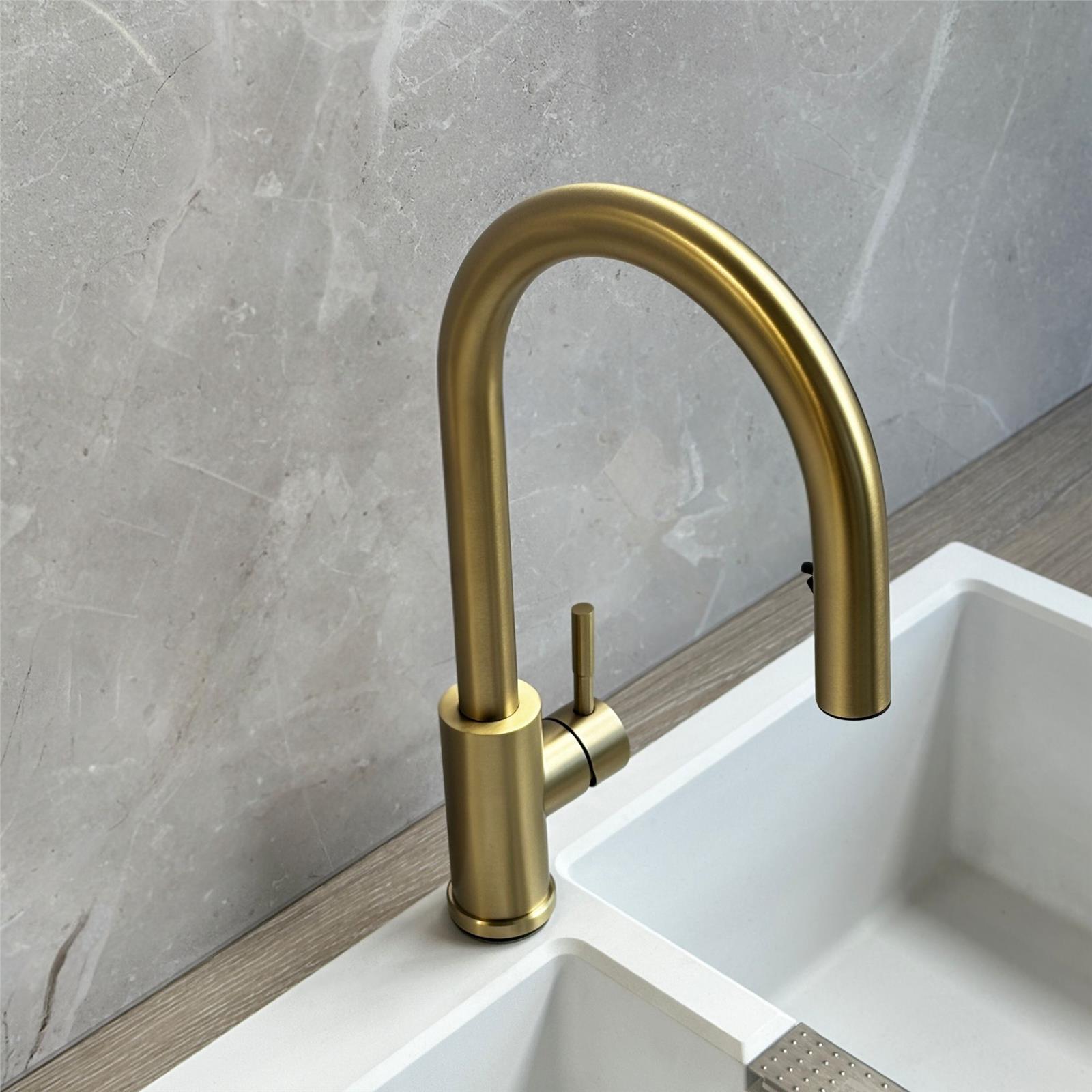 Liquida EPO11BR Brushed Brass Swan Neck Pull - Out Kitchen Tap - GRADED