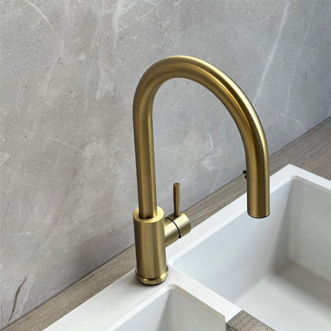 Liquida EPO11BR Brushed Brass Swan Neck Pull - Out Kitchen Tap - GRADED