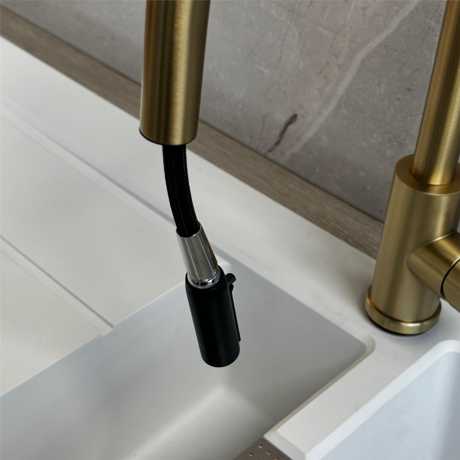 Liquida EPO11BR Brushed Brass Swan Neck Pull - Out Kitchen Tap - GRADED