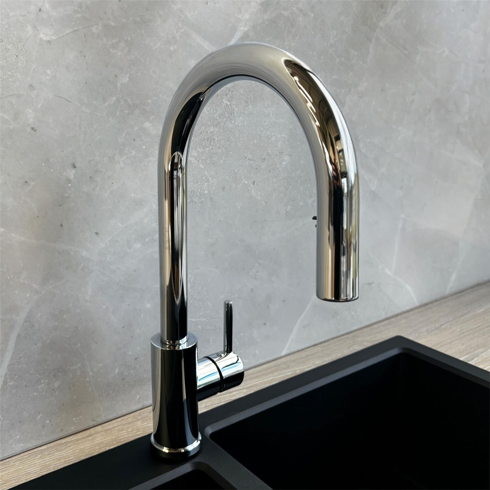 Liquida EPO11CH Chrome Swan Neck Pull Out Mono Kitchen Mixer Tap - GRADED
