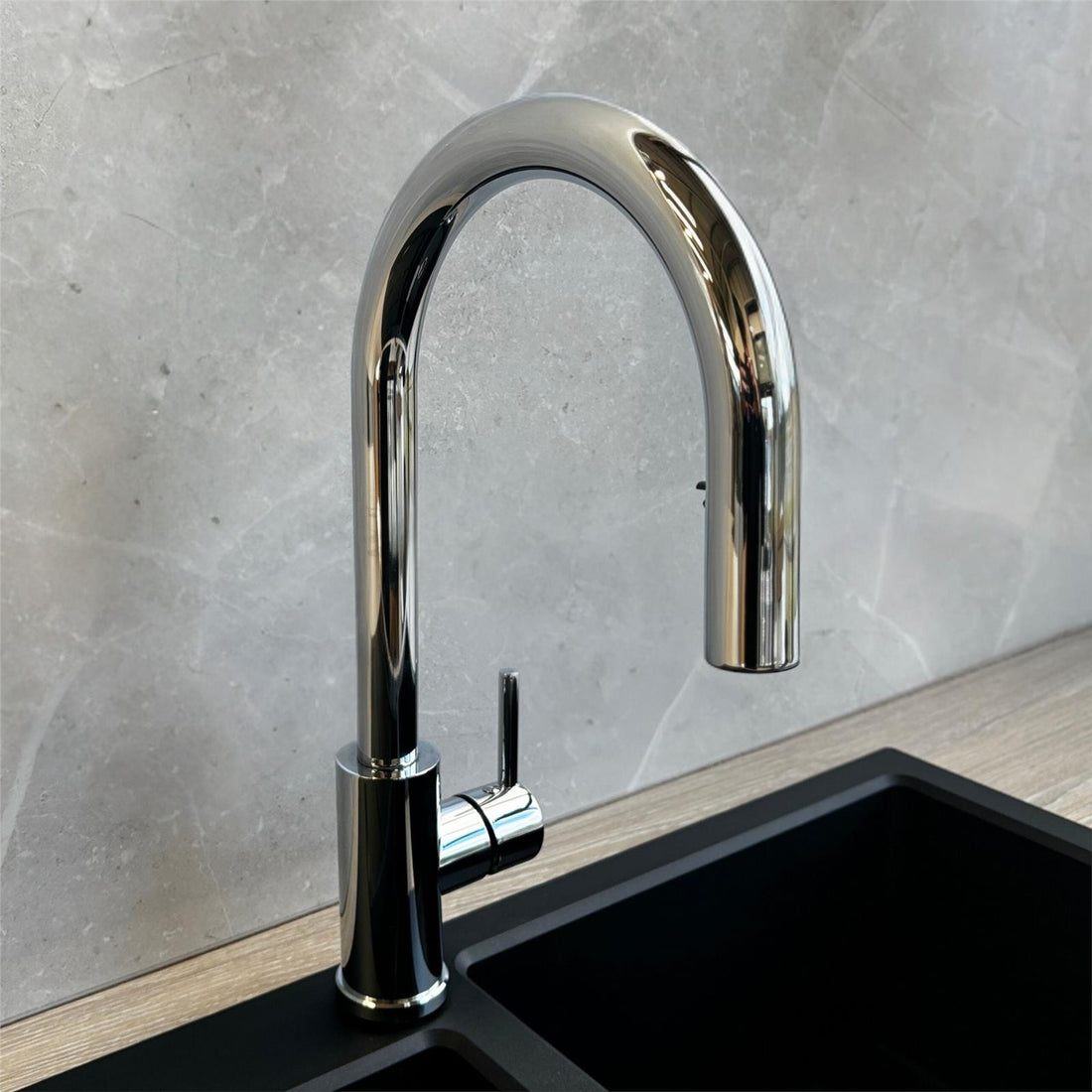 Liquida EPO11CH Chrome Swan Neck Pull Out Mono Kitchen Mixer Tap - GRADED