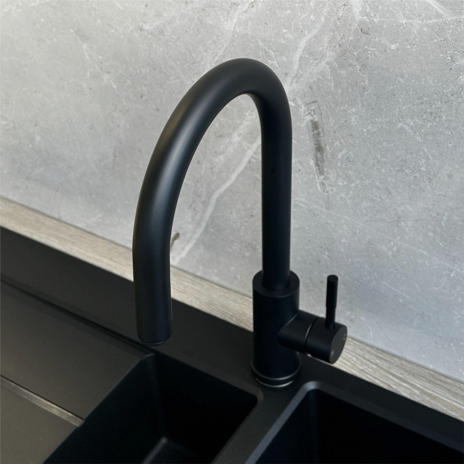 Liquida CMP5BL 1 Bowl Black Kitchen Sink With EPO11MB Black Pull Out Tap