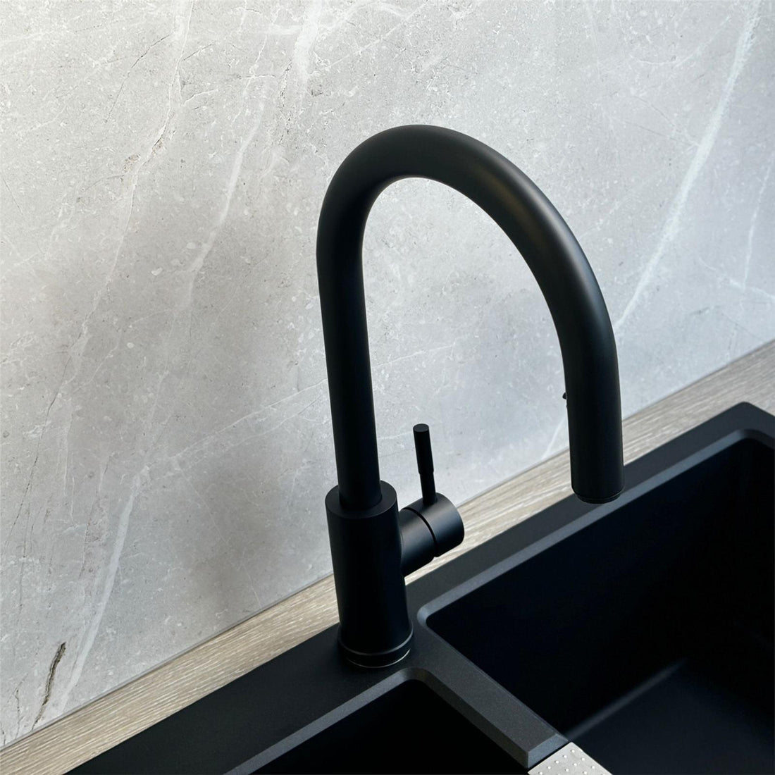 Liquida CMP5BL 1 Bowl Black Kitchen Sink With EPO11MB Black Pull Out Tap