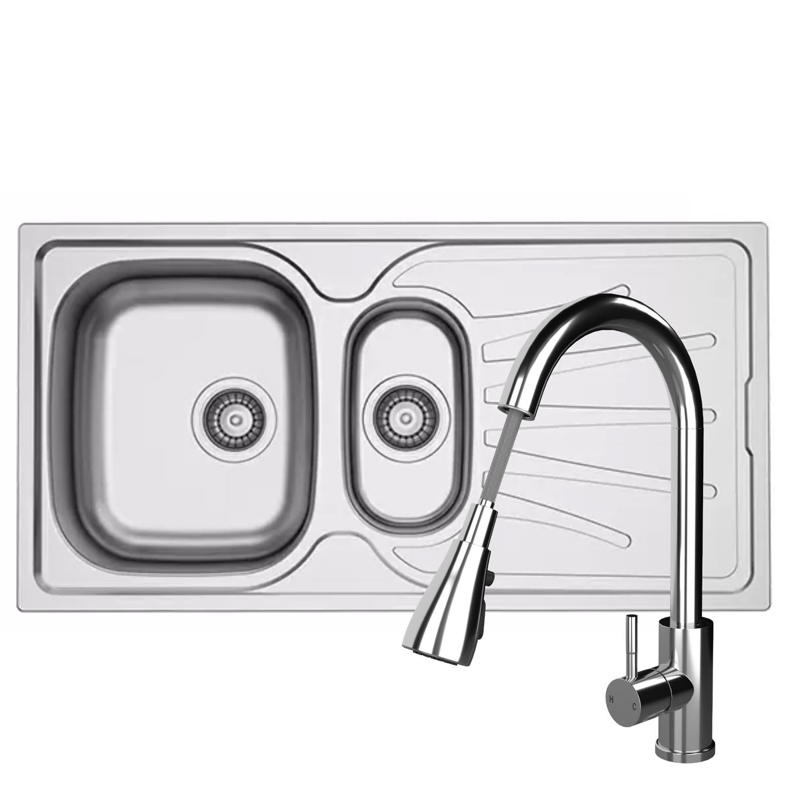 Liquida EUL15SS 1.5 Bowl Reversible Stainless Steel Kitchen Sink & KPO11CH Tap