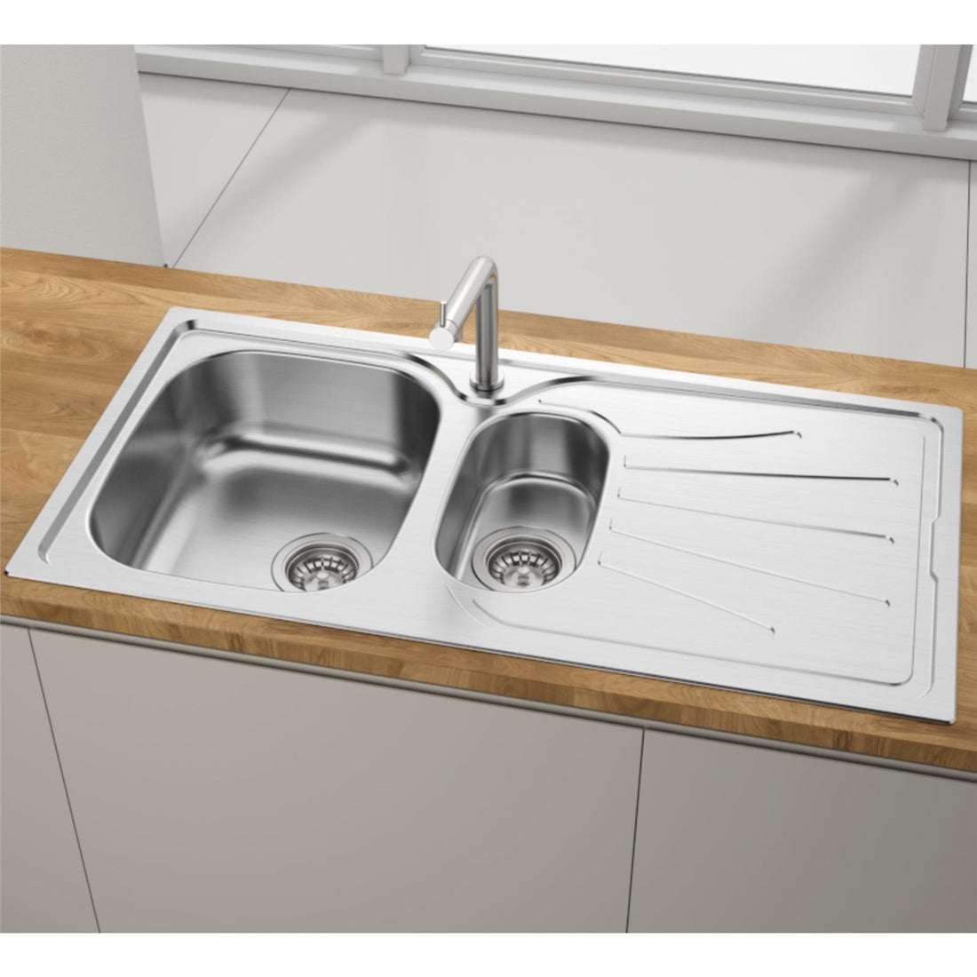 Liquida EUL15SS 1.5 Bowl Reversible Stainless Steel Kitchen Sink & KPO11CH Tap