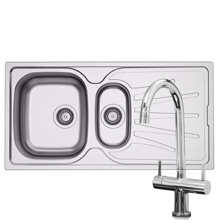 Liquida EUL15SS 1.5 Bowl Reversible Stainless Steel Kitchen Sink & W03CH Tap