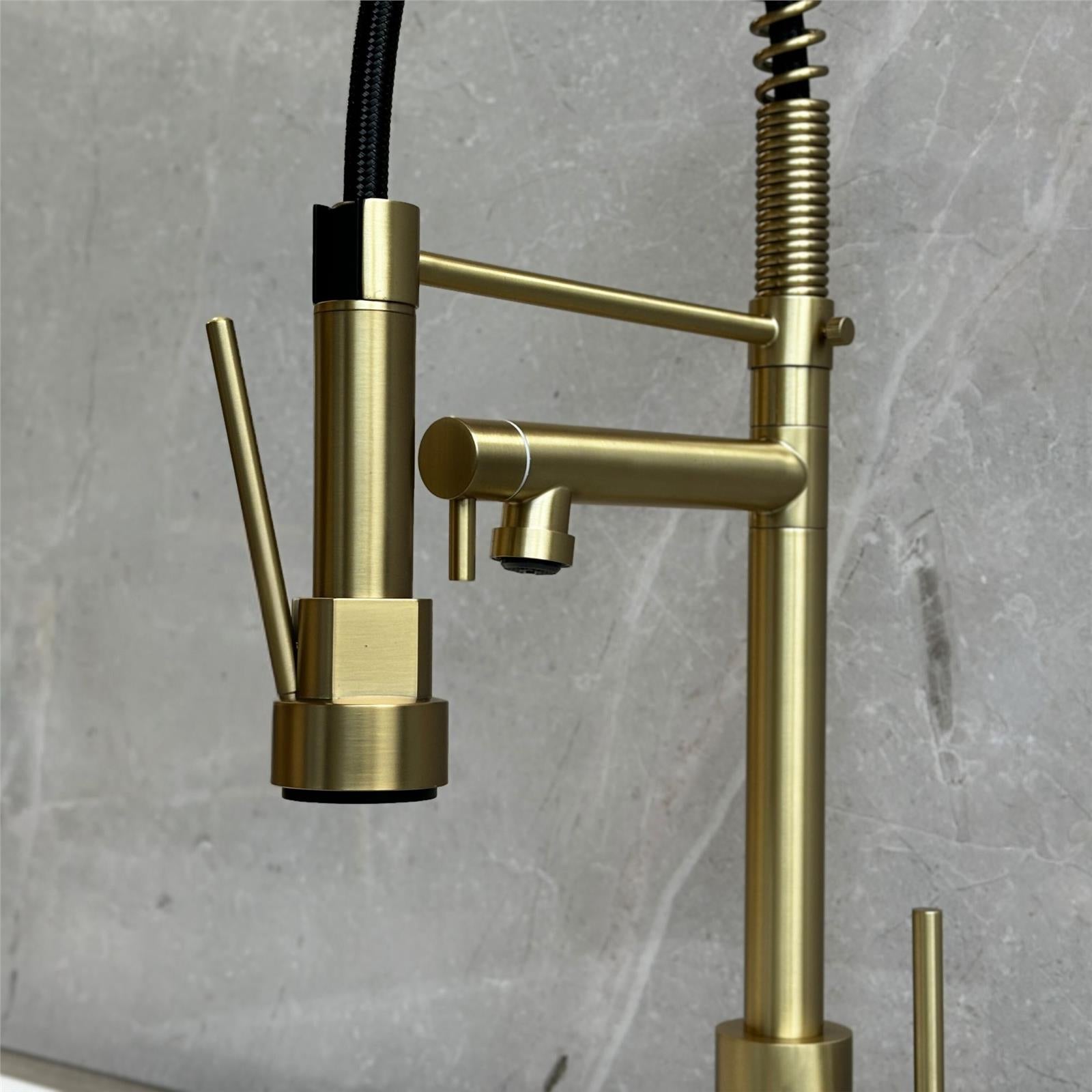 Liquida GR267BR Brushed Brass Kitchen Tap, Swivel Spout Spray - GRADED