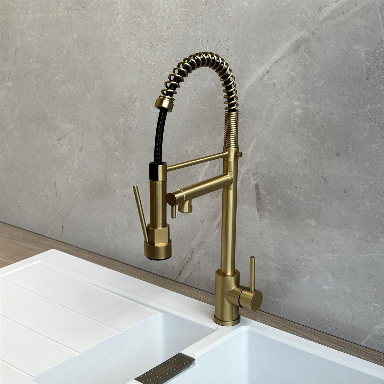 Liquida GR267BR Brushed Brass Kitchen Tap, Swivel Spout Spray - GRADED