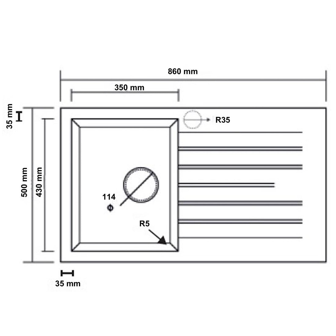 Liquida white granite 1.0 bowl kitchen sink with reversible drainer dimensions diagram
