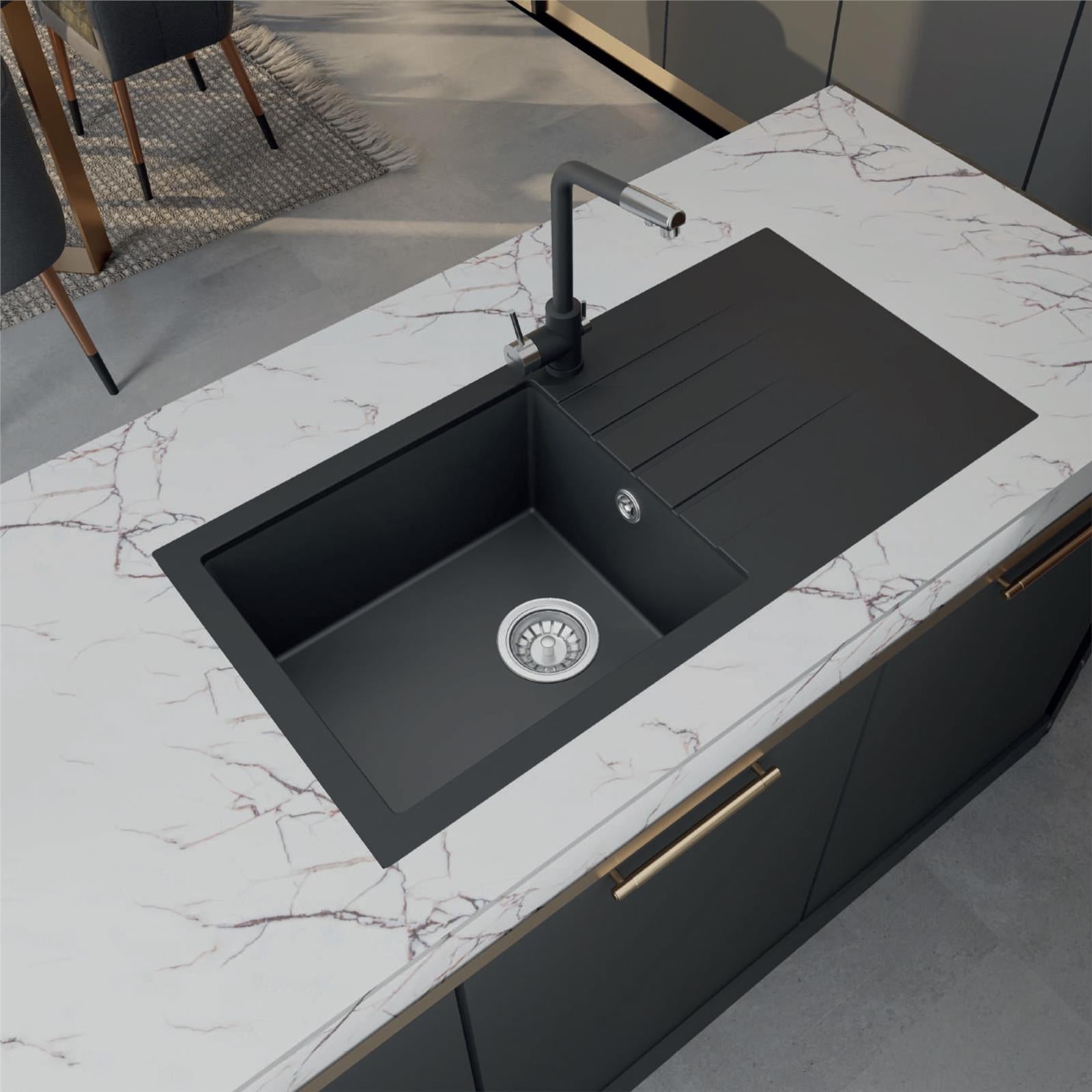 Liquida GRN100BL 1.0 Bowl Black Granite Reversible Kitchen Sink With Waste