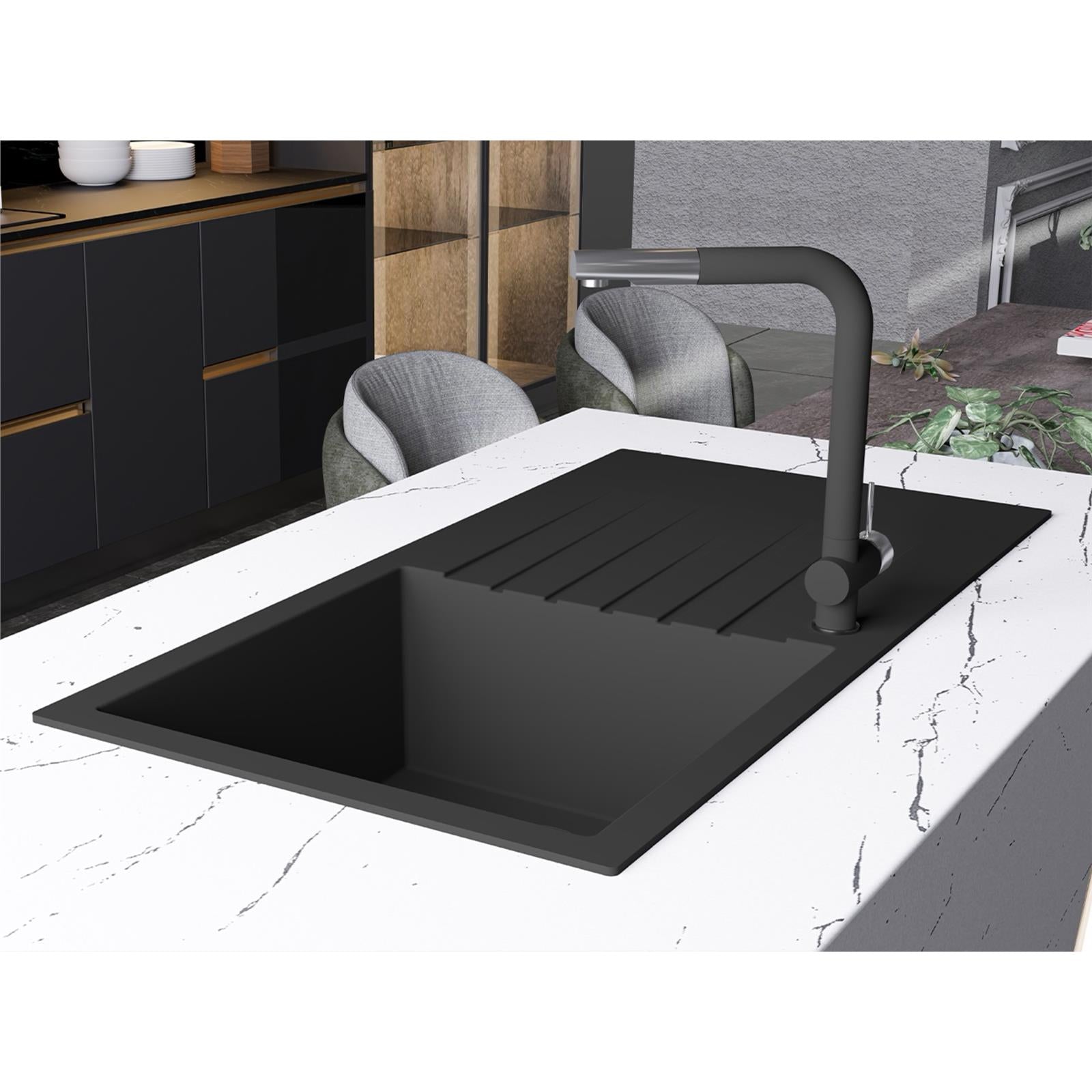 Liquida GRN100BL 1.0 Bowl Black Granite Reversible Kitchen Sink With Waste