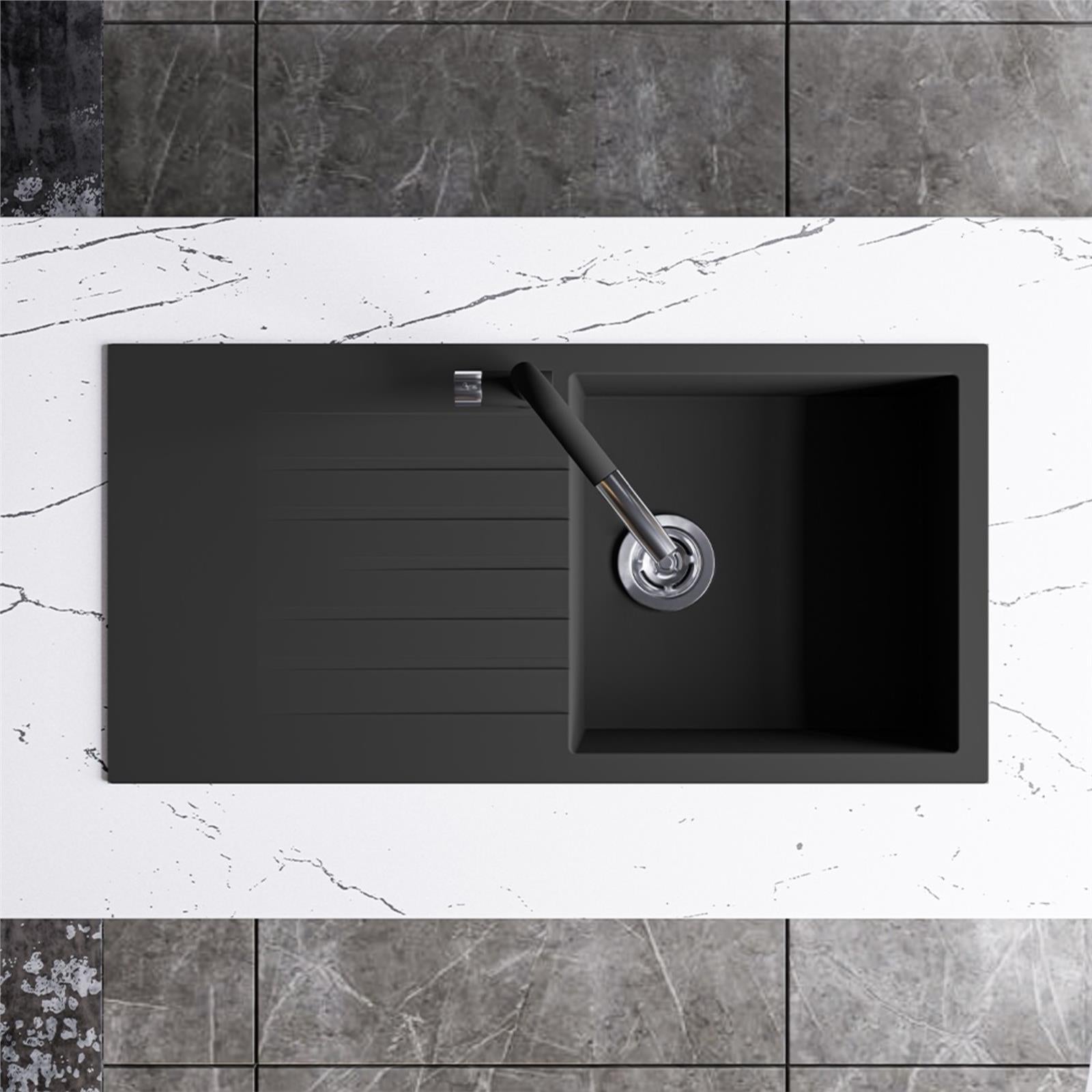 Liquida GRN100BL 1.0 Bowl Black Granite Reversible Kitchen Sink With Waste