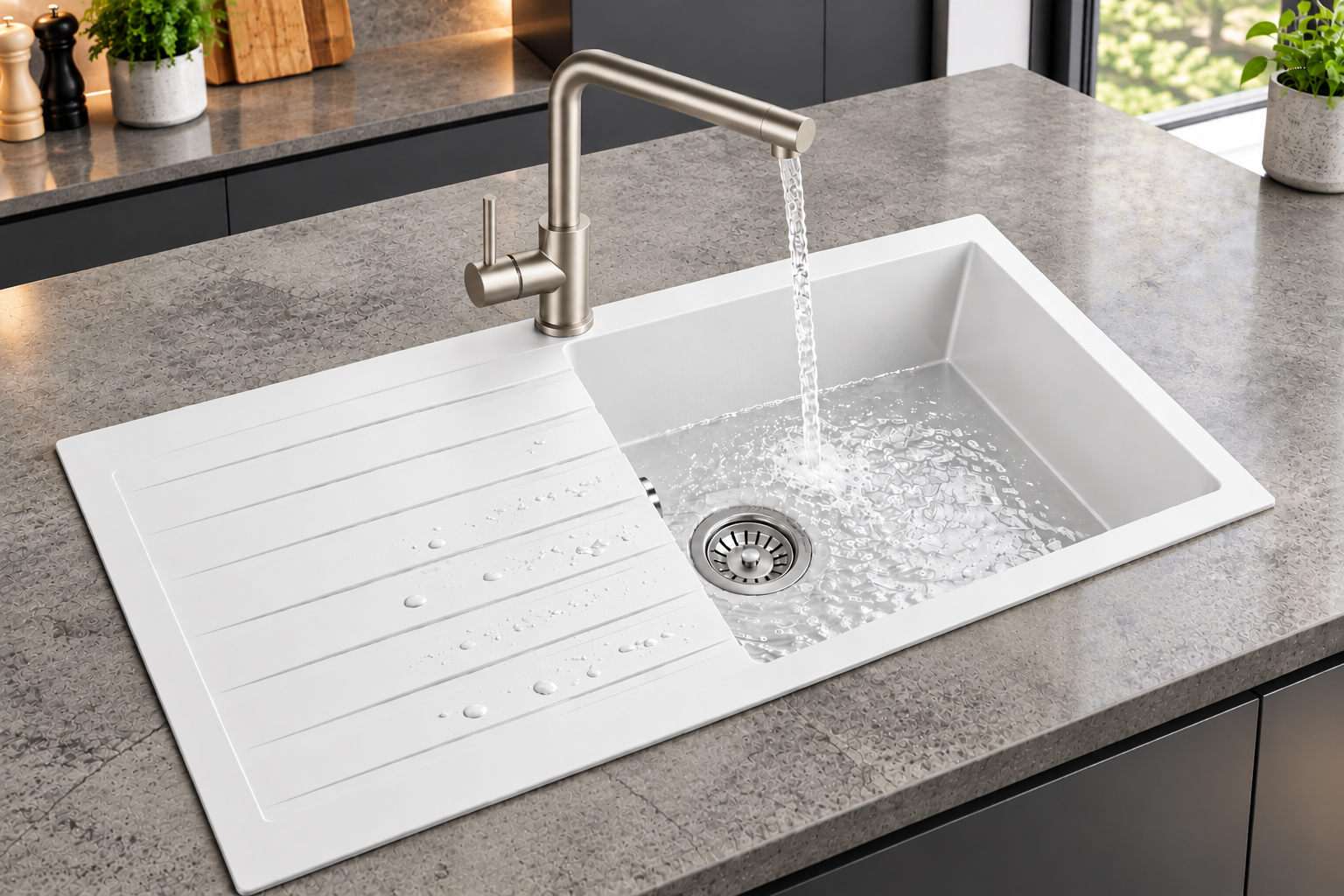 Liquida GRN100WH 1.0 Bowl White Granite Reversible Kitchen Sink With Waste