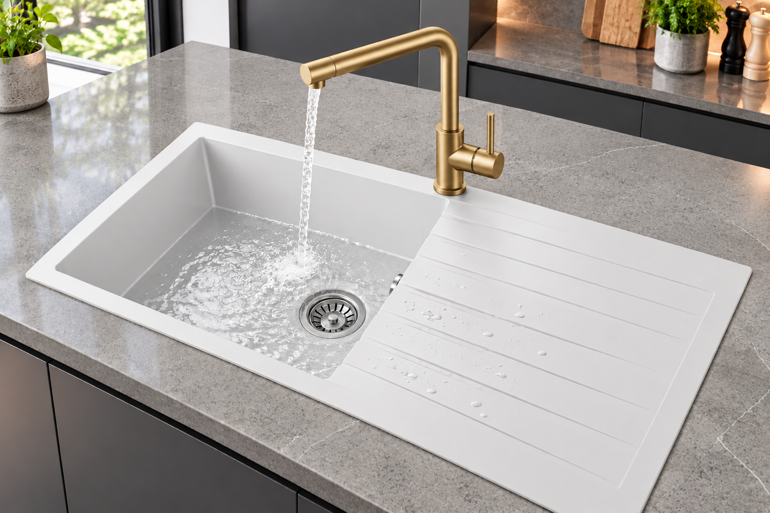 Liquida GRN100WH 1.0 Bowl White Granite Reversible Kitchen Sink With Waste