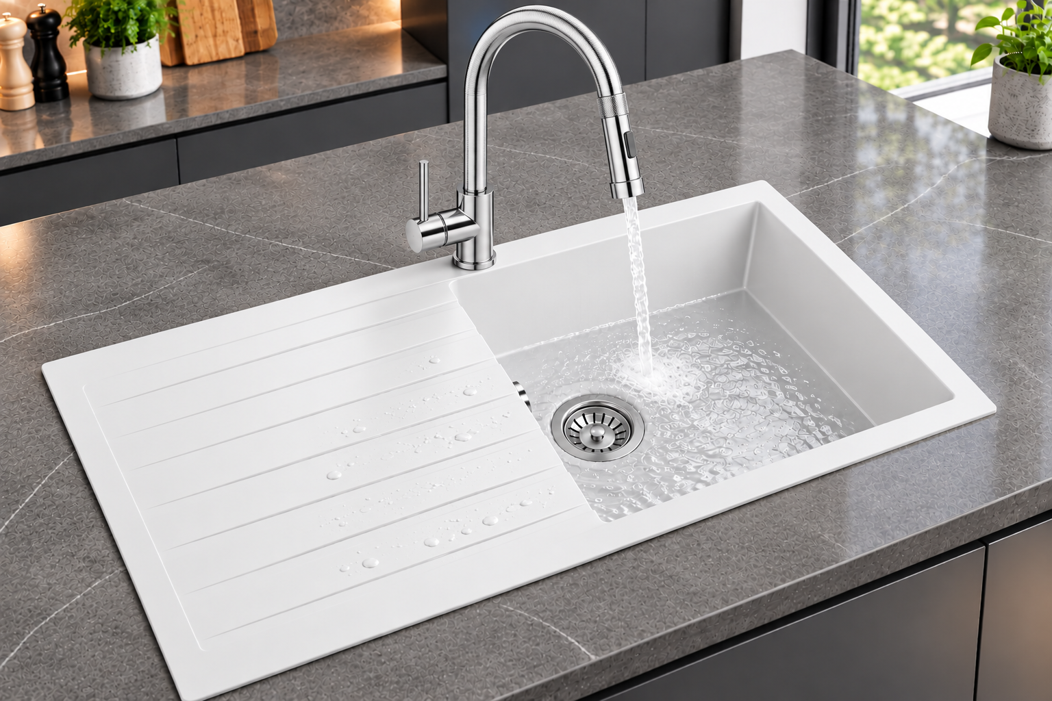 Liquida GRN100WH 1.0 Bowl White Granite Reversible Kitchen Sink With Waste