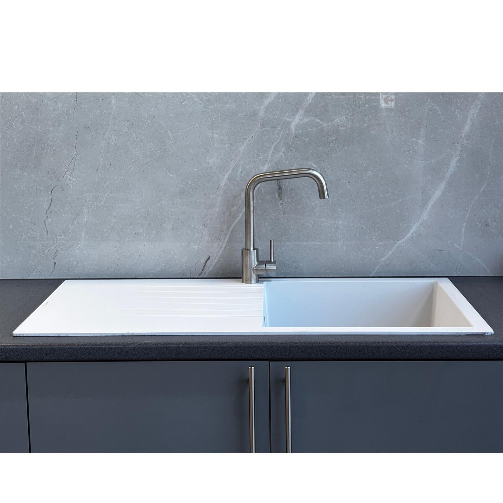 Liquida white granite 1.0 bowl kitchen sink with reversible drainer front view installed