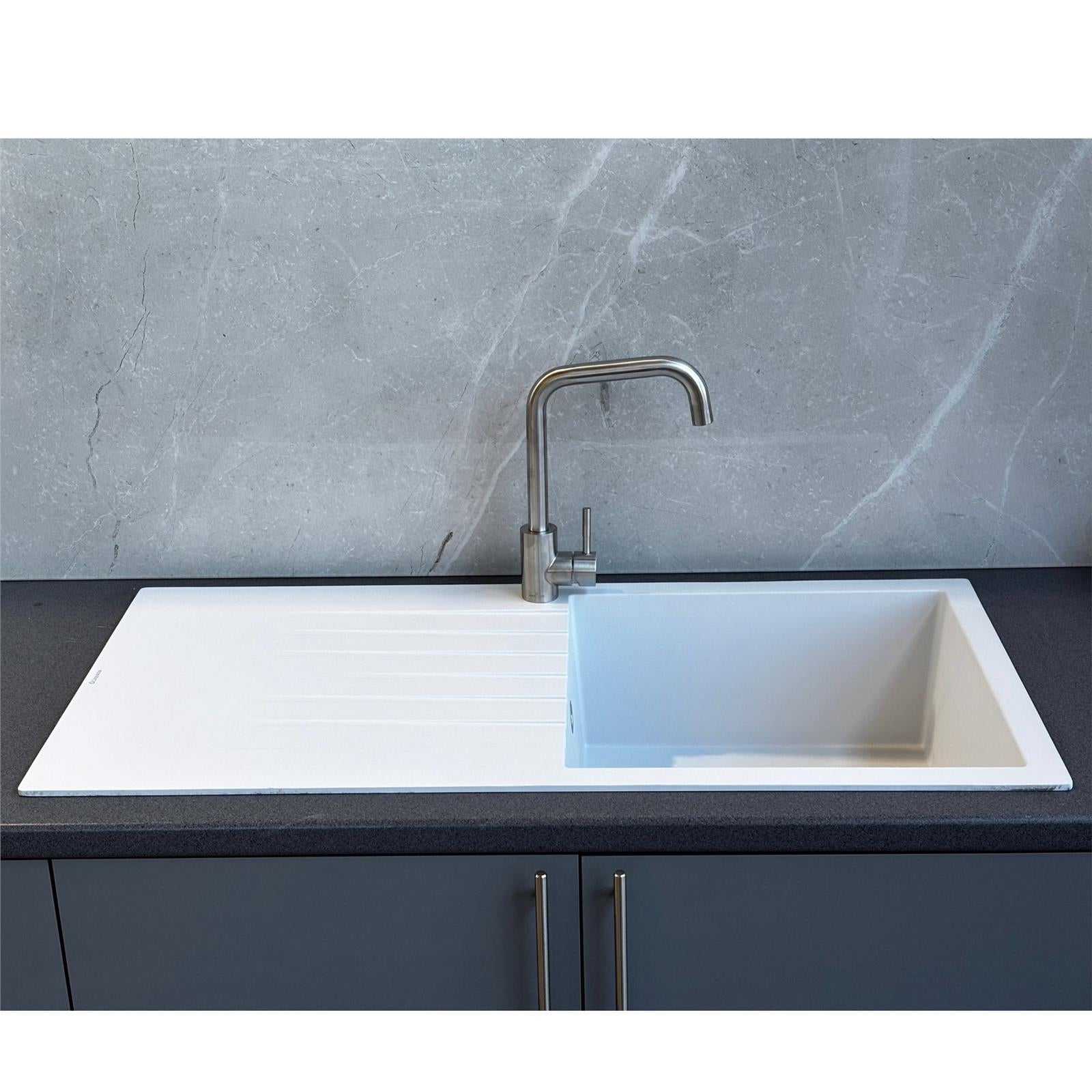 Liquida white granite 1.0 bowl kitchen sink with reversible drainer front view installed