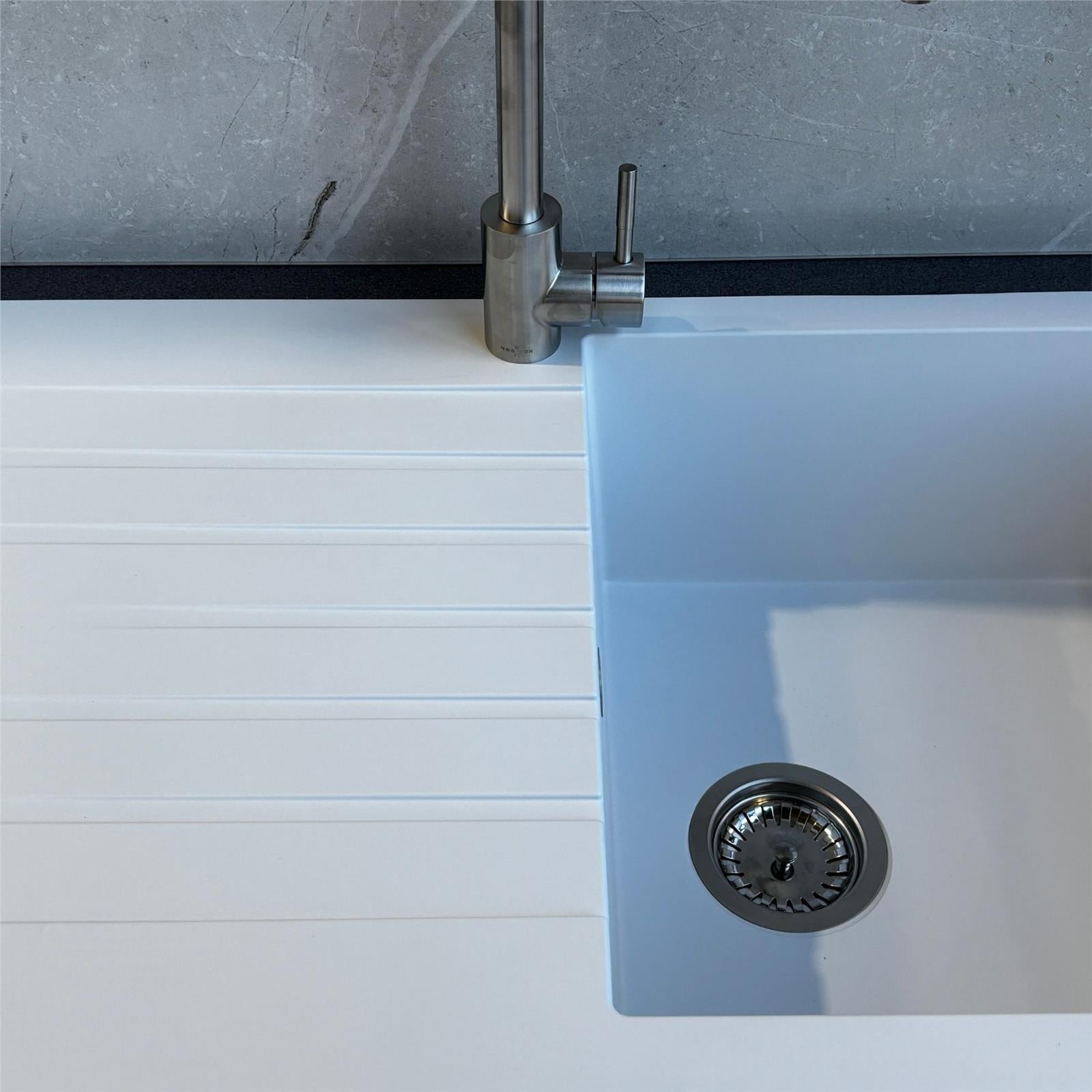 Liquida white granite single bowl kitchen sink with reversible drainer lifestyle kitchen setting