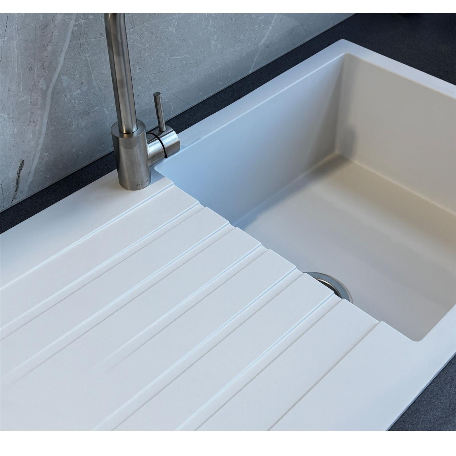 Liquida white granite single bowl kitchen sink with reversible drainer sink and tap setup