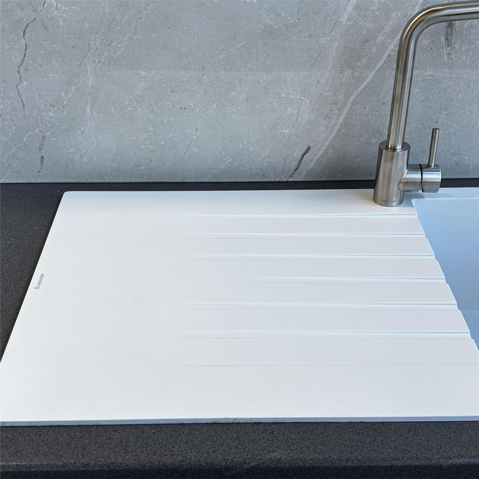 Liquida white granite single bowl kitchen sink with reversible drainer surface finish close up