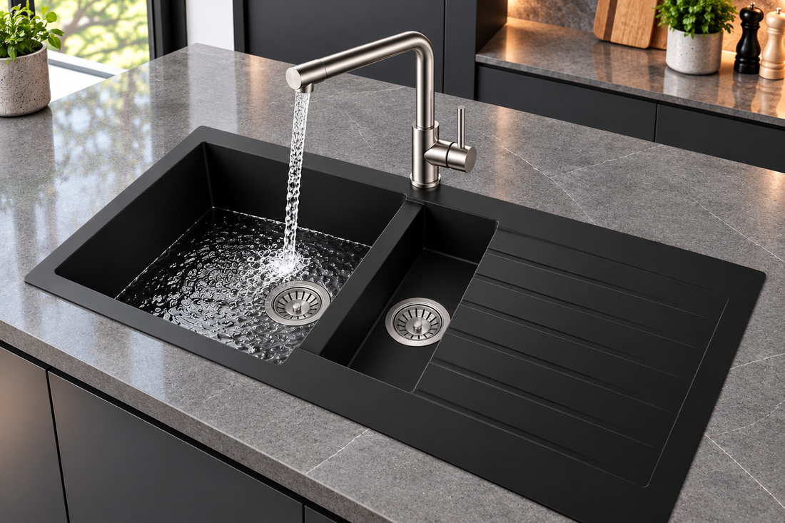 Liquida GRN150BL 1.5 Bowl Black Granite Reversible Kitchen Sink With Wastes