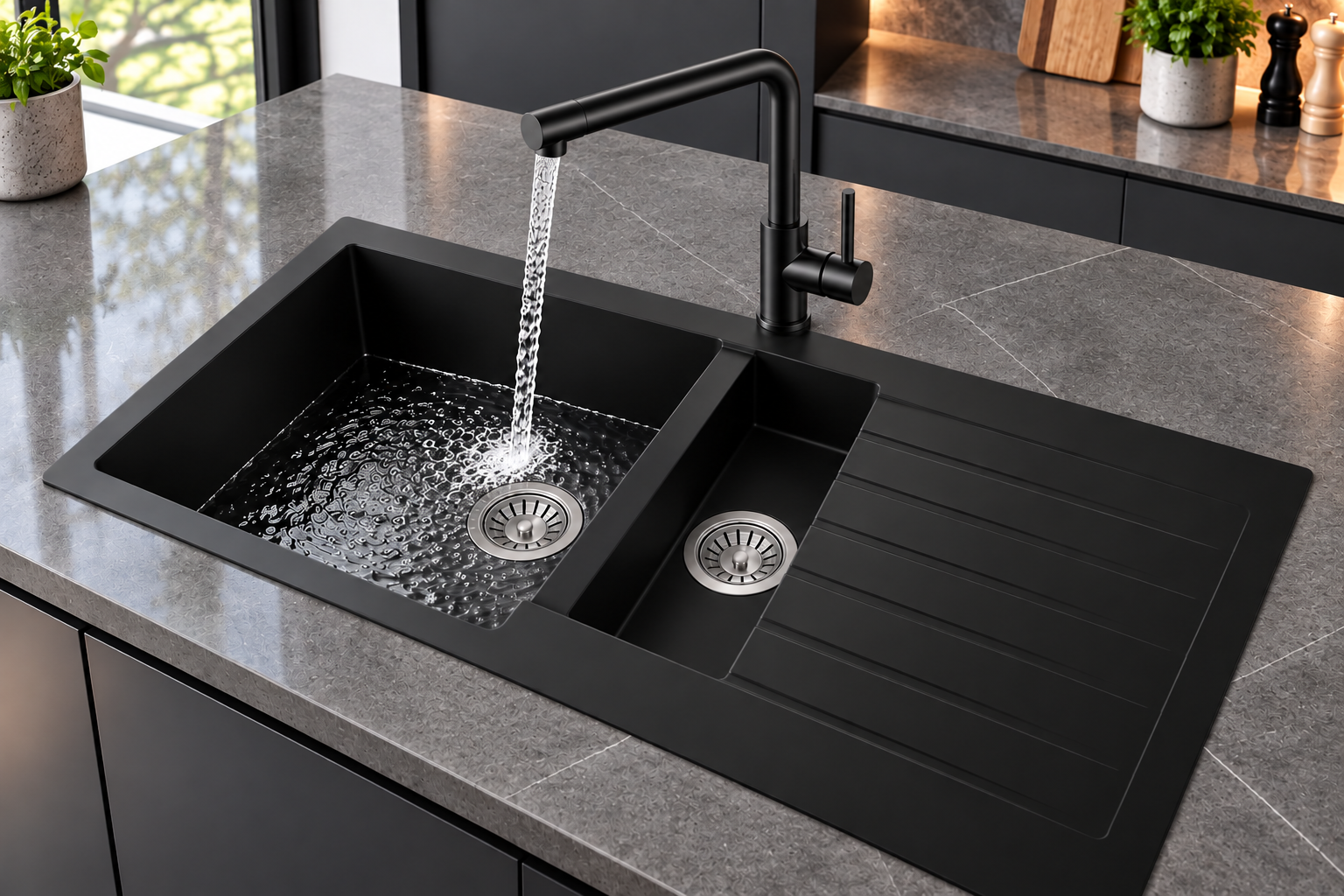 Liquida GRN150BL 1.5 Bowl Black Granite Reversible Kitchen Sink With Wastes